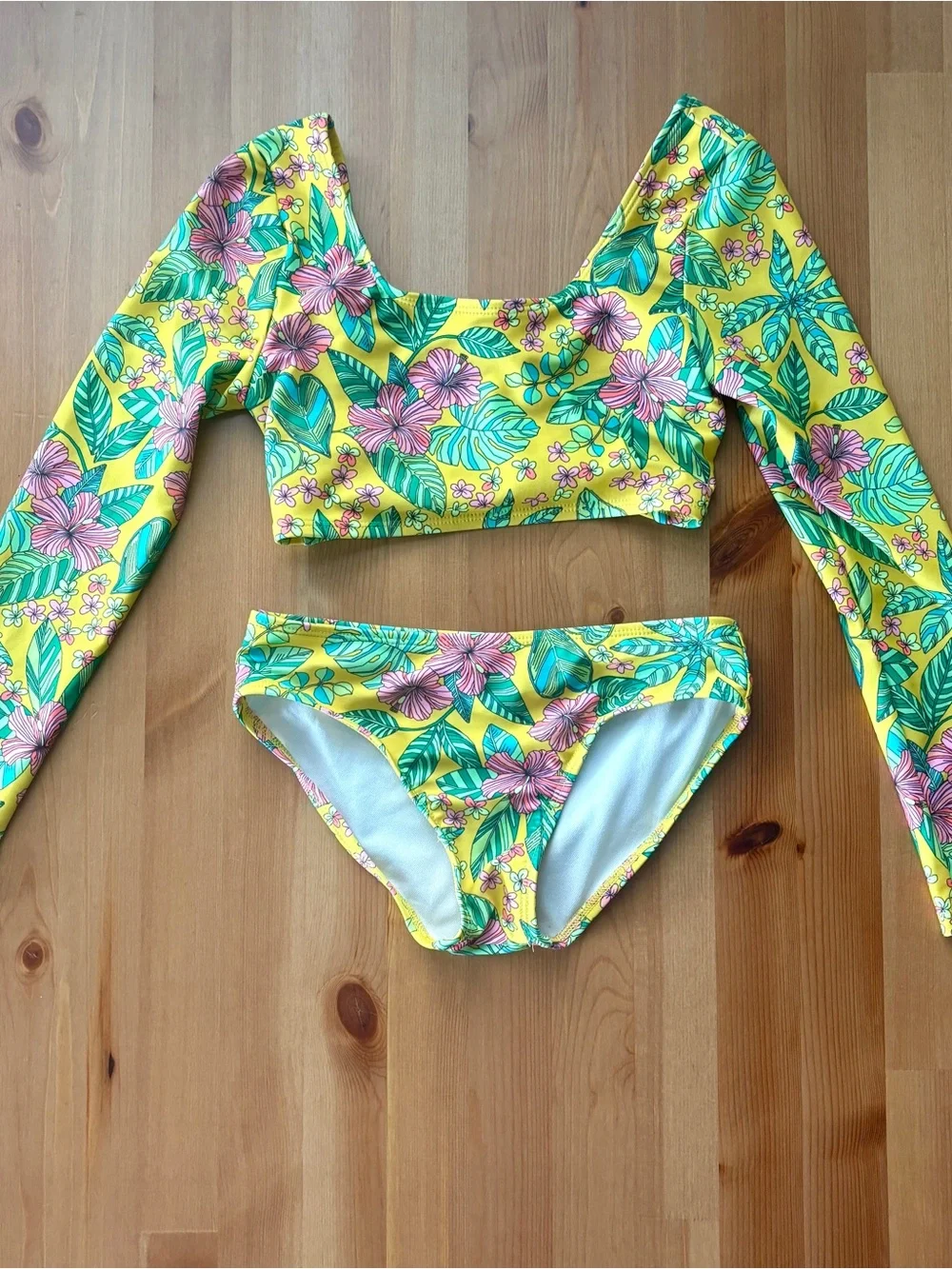 Girls Medium art class Yellow Tropical Floral Long-Sleeve Bikini Set